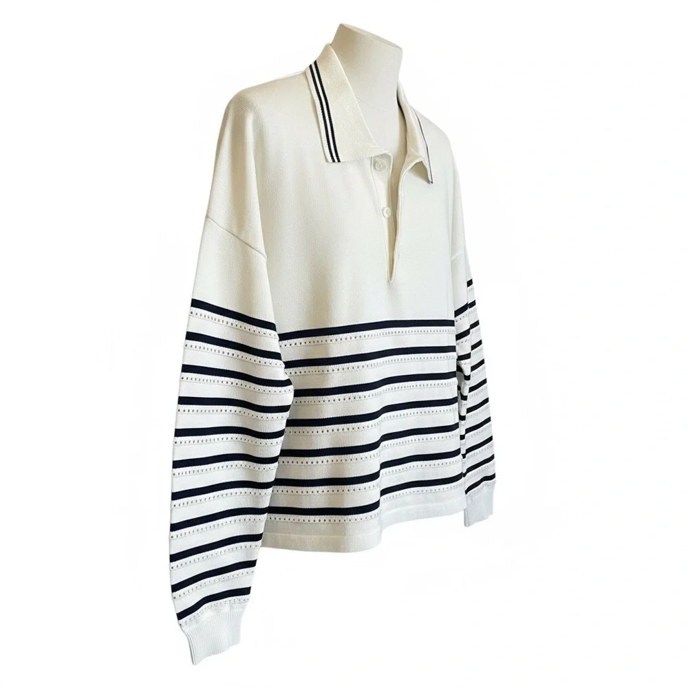 The Upside Wonder Knit Stripe Eyelet Dot Long Sleeve Button Front Knit Polo